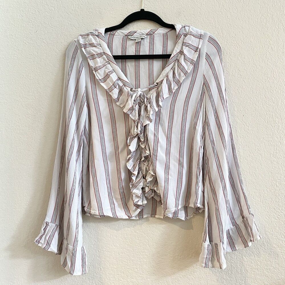 American Eagle Outfitters Womens White Striped Ruffle Sleeve Blouse Top Size M